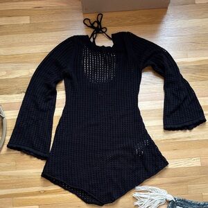Black Crochet Long Sleeve Coverup